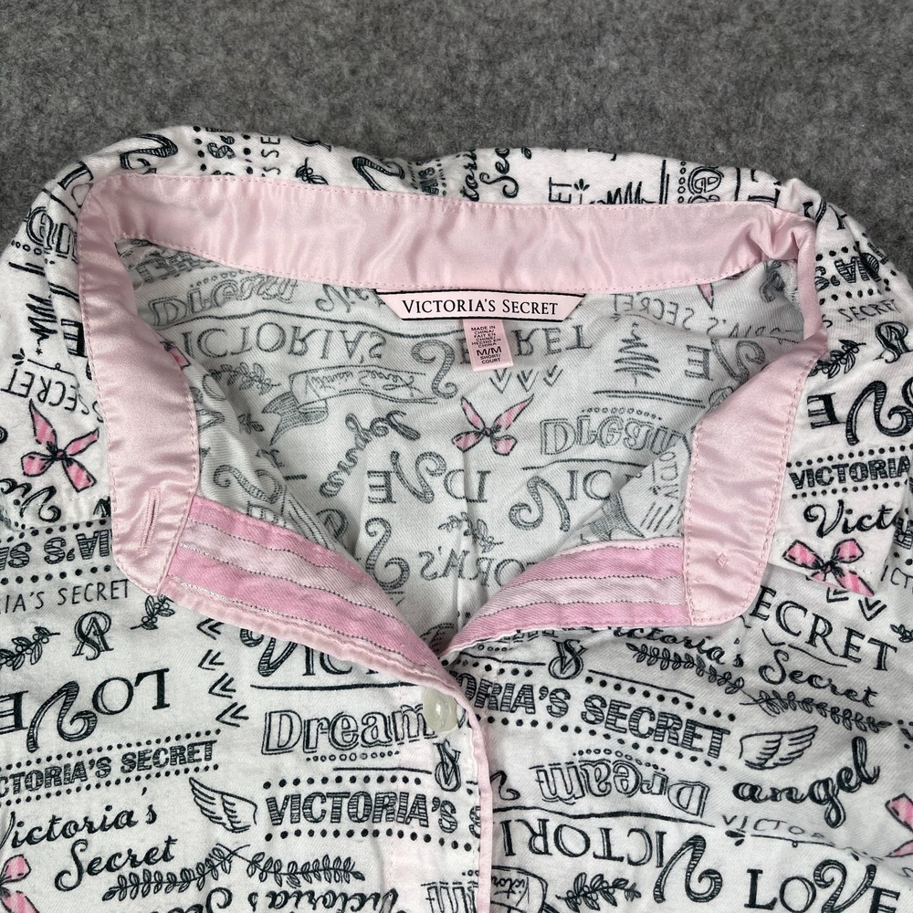 Victoria's Secret Pajama Set Women's Medium White‎ Black Pink Love Graffiti 2 Pc